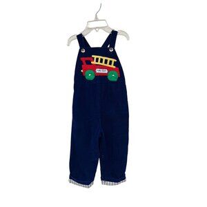 Vintage Baby Boy Corduroy Fire Truck Overalls 18 Months Blue Striped Cuffs Snap